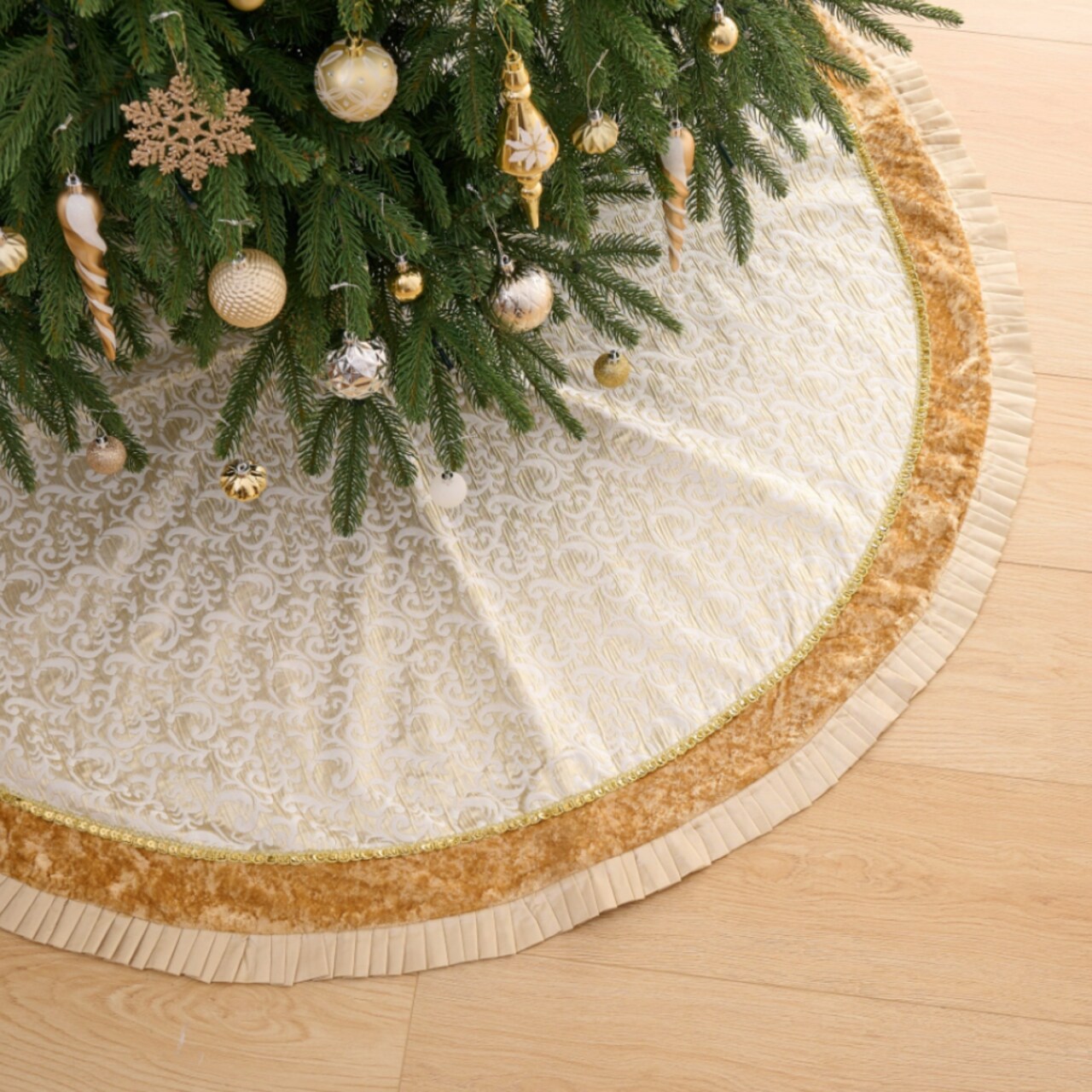 Luxury Gold and White Christmas Tree Skirt, 48-Inch Elegant Velvet & Brocade Holiday Tree Base Cover with Pleated Trim